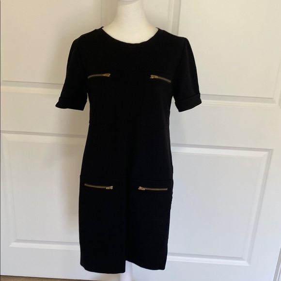 J. Crew Black Sheath Midi Dress. Gold zippers on Chest and Hips. Size 2. - Picture 3 of 13